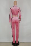 Pink Velvet Zip Crop Top and Drawstring Pants Two Piece Set