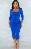 Blue Square Neck Long Sleeve Front Slit Midi Dress