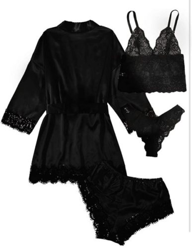 Black Silk Nightgown and Panty Black Lace Lingerie 4PCS Set