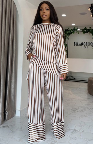 Black and White Stripes Blouse and Wide Pants 2PCS Set