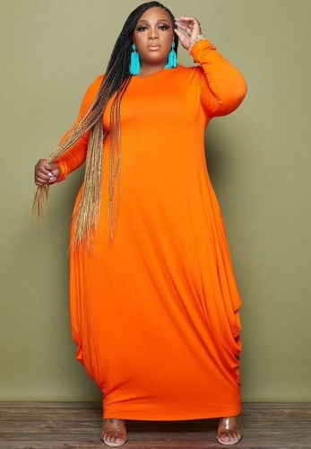 Plus Size Orange Long Sleeve O-Neck Loose Maxi Dress