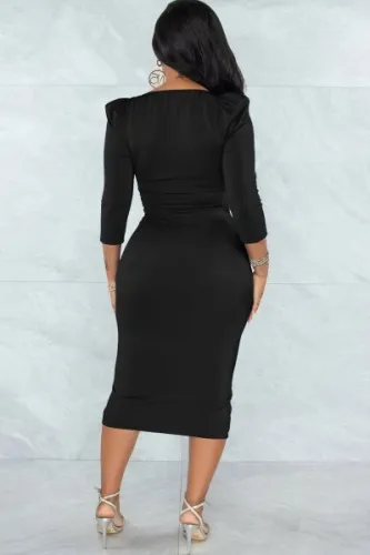 Black Square Neck Long Sleeve Front Slit Midi Dress