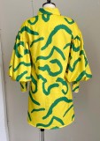 Green Stripes Print Yellow Puff Sleeve Button Up Loose Blouse Dress