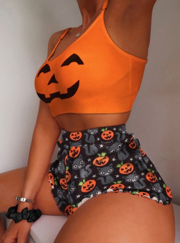 Pumpkin Print Halloween Crop Vest and Mini Shorts 2PCS Set
