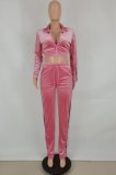 Pink Velvet Zip Crop Top and Drawstring Pants Two Piece Set