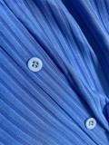 Blue Rib Button Up V-Neck Front Split Long Dress
