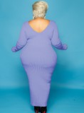 Plus Size Purple Ribbed V-Neck Long Sleeve Maxi Dress