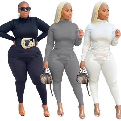 Plus Size Grey Turtleneck Fitted Top and Pant 2PCS Set