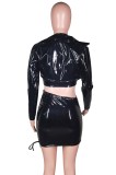 Black PU Leather Halter Crop Top and Skirt with Short Jacket 3PCS Set