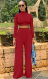 Red High Neck Fitted Crop Top and Loose Pants 2PCS Set
