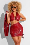 Red PU Leather Halter Crop Top and Skirt with Short Jacket 3PCS Set