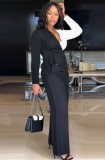 White and Black Contrast V-Neck Blouse and Pants 2 Piece Formal Suit