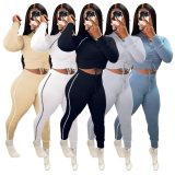 White Line V-Neck Long Sleeve Hoody Crop Top and Pant 2PCS Set