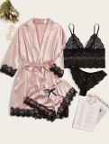 Pink Silk Nightgown and Panty Black Lace Lingerie 4PCS Set