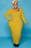 Plus Size Yellow Ribbed V-Neck Long Sleeve Maxi Dress