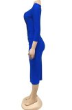 Blue Square Neck Long Sleeve Front Slit Midi Dress