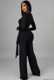 Black V-Neck Long Sleeves Irregular Top and Loose Pants 2PCS Set