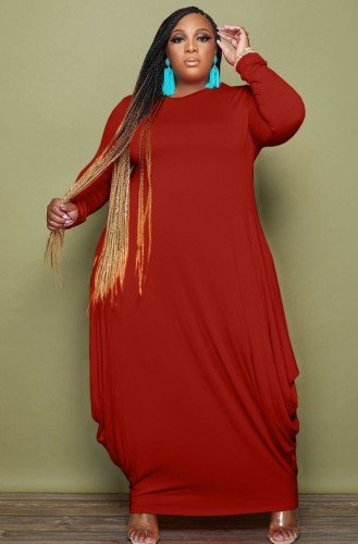 Plus Size Red Long Sleeve O-Neck Loose Maxi Dress