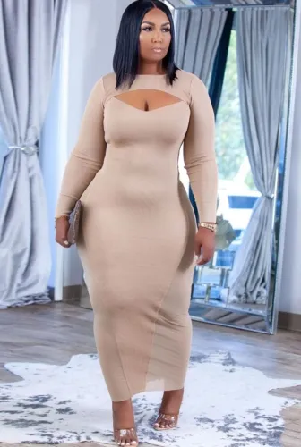 Apricot Hollow Out See Through Slim Fit Long Dress