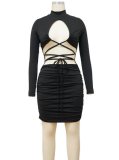 Black Long Sleeve Lace Up Cut Out Ruched Mini Fitted Dress