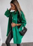 Green Pocket Button Open Turndown Collar Long Coat