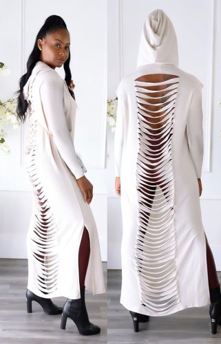 White Ripped Back Side Split Maxi Drawstring Hoody Dress
