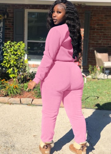 Pink Long Sleeves O-Neck Crop Top and and Pants Two Piece Set