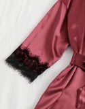 Red Silk Nightgown and Panty Black Lace Lingerie 4PCS Set