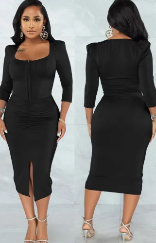 Black Square Neck Long Sleeve Front Slit Midi Dress