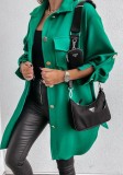 Green Pocket Button Open Turndown Collar Long Coat