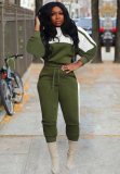Green and White Contrast Crop Top and Drawstring Pants 2 Piece Set