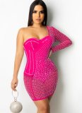 Crystal Pink One Sholuder See Through Mini Dress