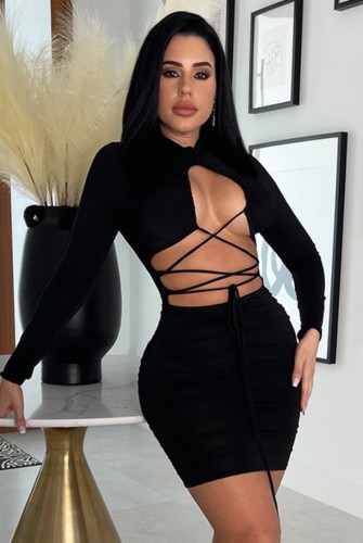 Black Long Sleeve Lace Up Cut Out Ruched Mini Fitted Dress