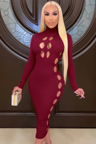 Red Hollow Out Turtleneck Long Sleeve Bodycon Long Dress