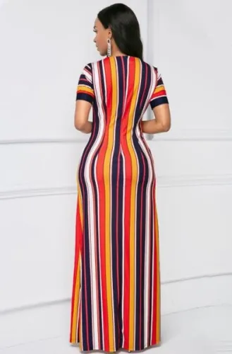 Polychrome Stripes Short Sleeve Maxi Dress