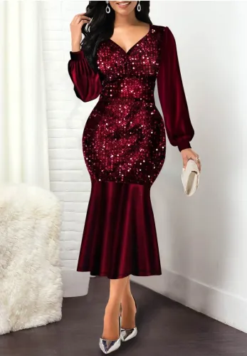 Red Sequins Silk V-Neck Long Sleeve Midi Mermaid Dress