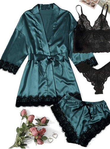 Green Silk Nightgown and Panty Black Lace Lingerie 4PCS Set