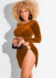 Brown Velvet O-Ring Long Sleeve Cut Out High Split Mini Dress