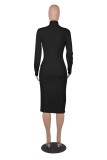 Black Hollow Out Turtleneck Long Sleeve Bodycon Long Dress