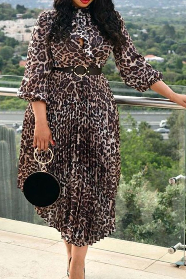 Leopard Print Turtleneck Long Sleeve Pleated Dress