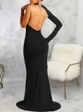 Black Single Sleeve Split Backless Mermaid Long Evening Dress