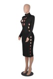 Black Hollow Out Turtleneck Long Sleeve Bodycon Long Dress