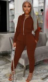 Brown Zipper Up Long Sleeve Top and Pant with Pocket 2PCS Set