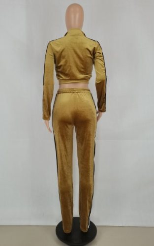 Khaki Velvet Zip Crop Top and Drawstring Pants Two Piece Set
