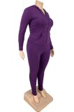 Plus Size Purple Zip Drawstring Hoody Top and Pants 2PCS Set