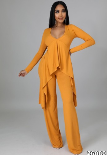 Orange V-Neck Long Sleeves Irregular Top and Loose Pants 3PCS Set