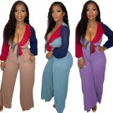 Contrast Color Knotted Deep-V Crop Top and Loose Pants 2PCS Set