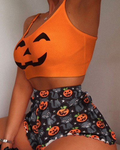 Pumpkin Print Halloween Crop Vest and Mini Shorts 2PCS Set