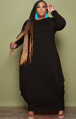 Plus Size Black Long Sleeve O-Neck Loose Maxi Dress