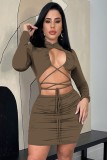 Coffee Long Sleeve Lace Up Cut Out Ruched Mini Fitted Dress